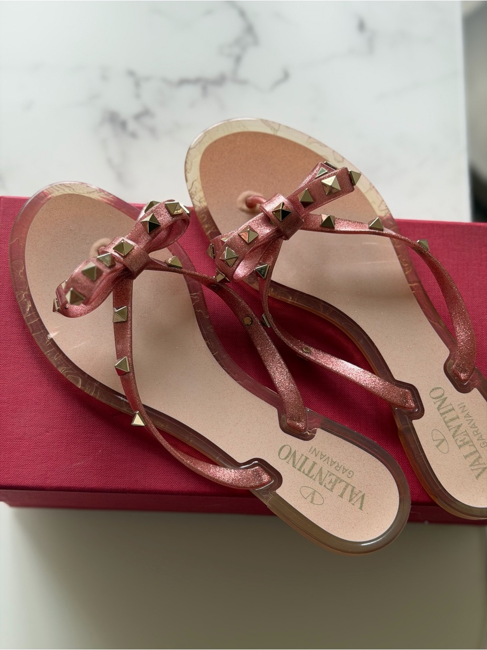 Valentino Metallic Pink Rockstud Jelly Thong Sandals